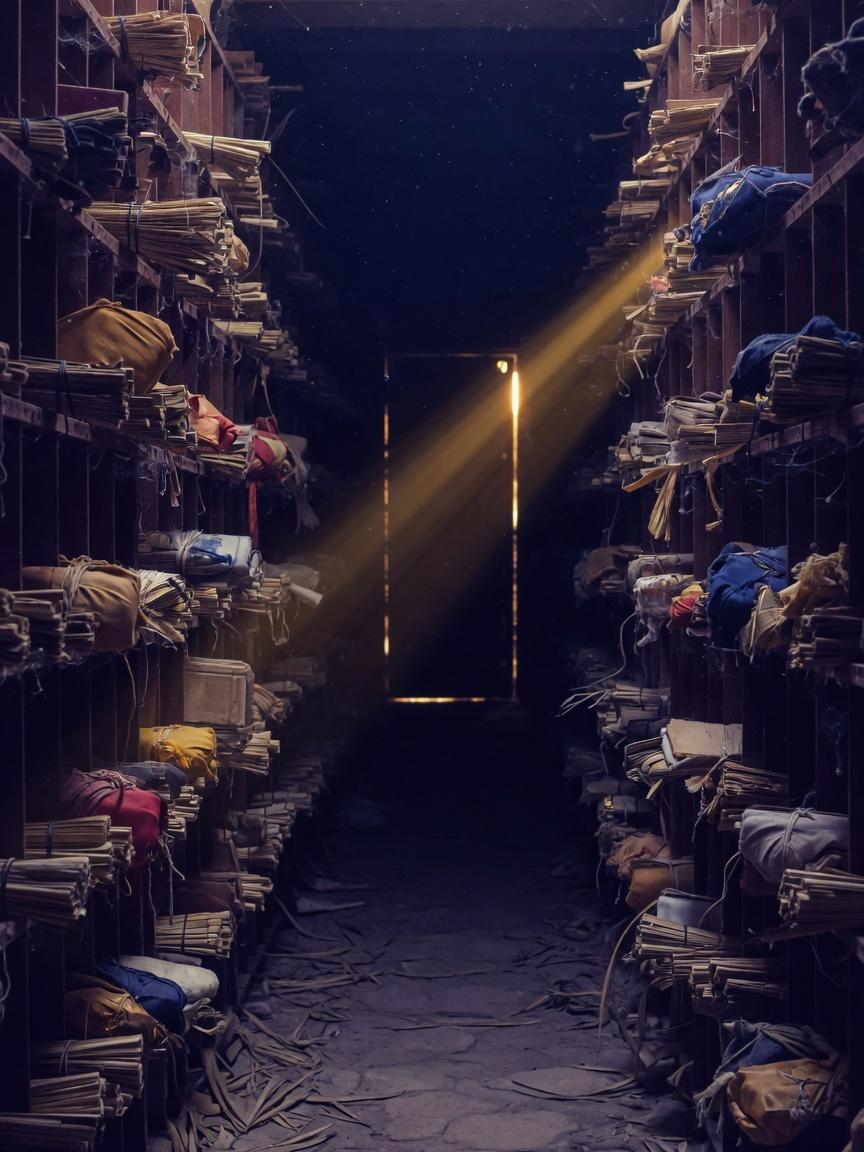 A dark archive corridor of manuscripts ending in saffron light