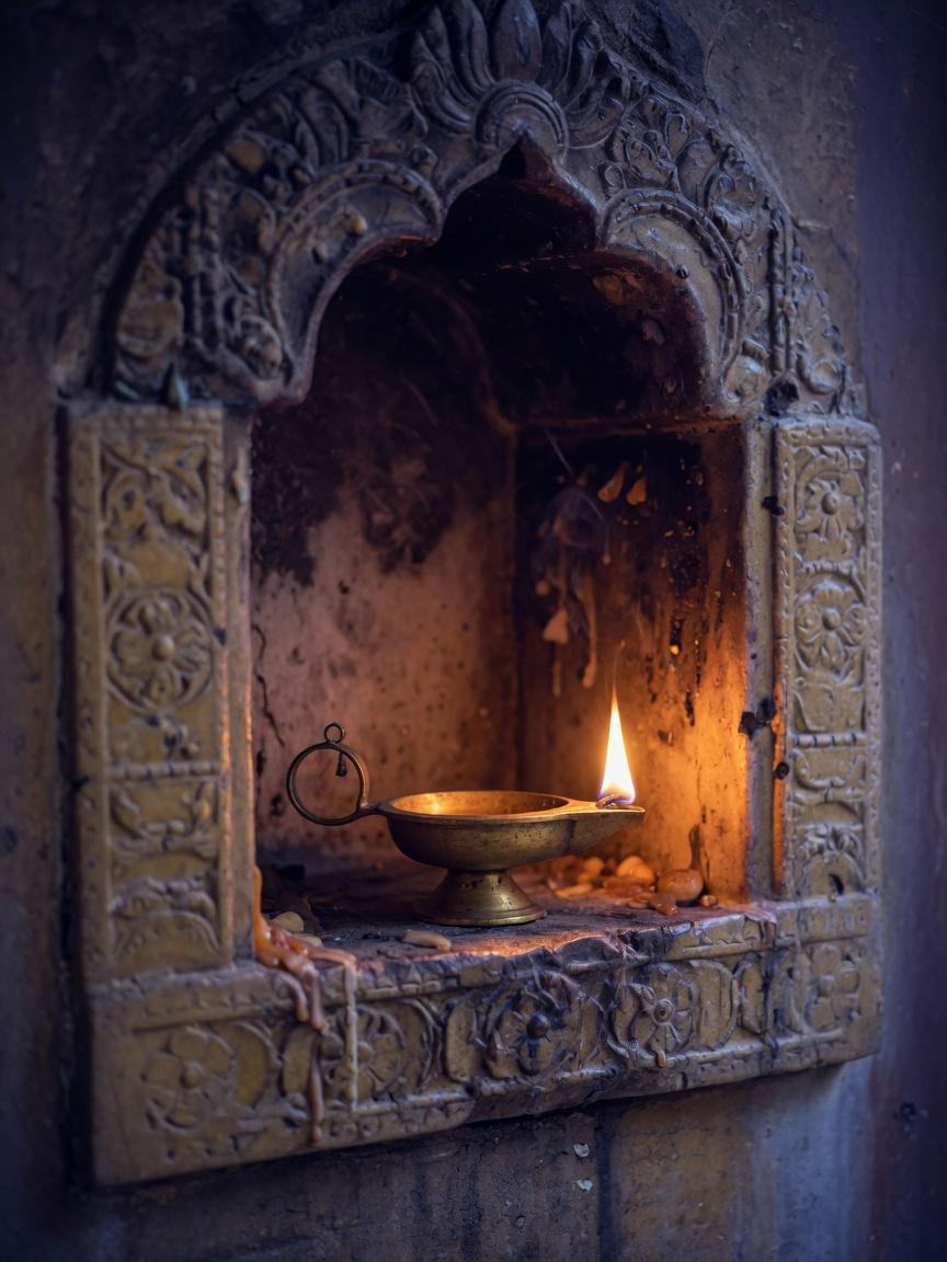 A solitary oil lamp burning in a carved stone alcove