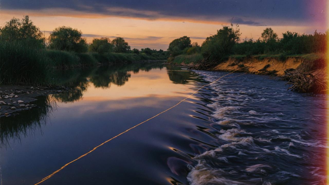 Two riverbanks at dusk joined by a thin filament of saffron light