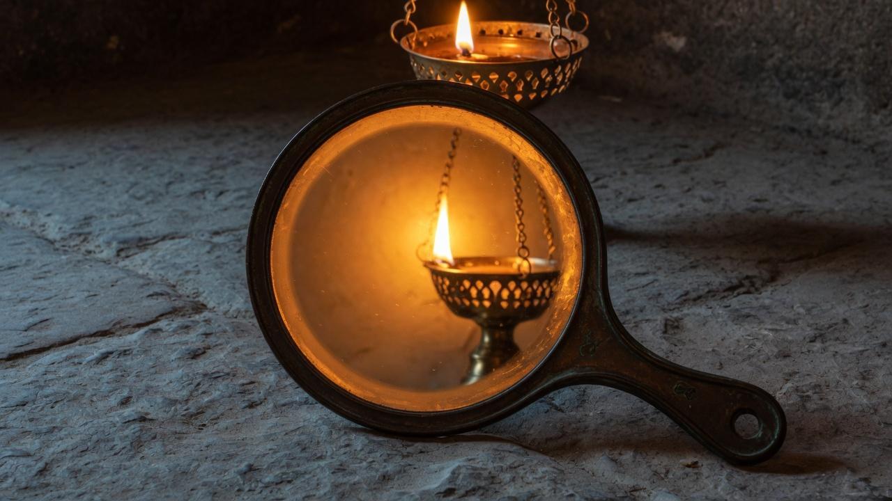 A dark bronze hand-mirror standing on a stone floor