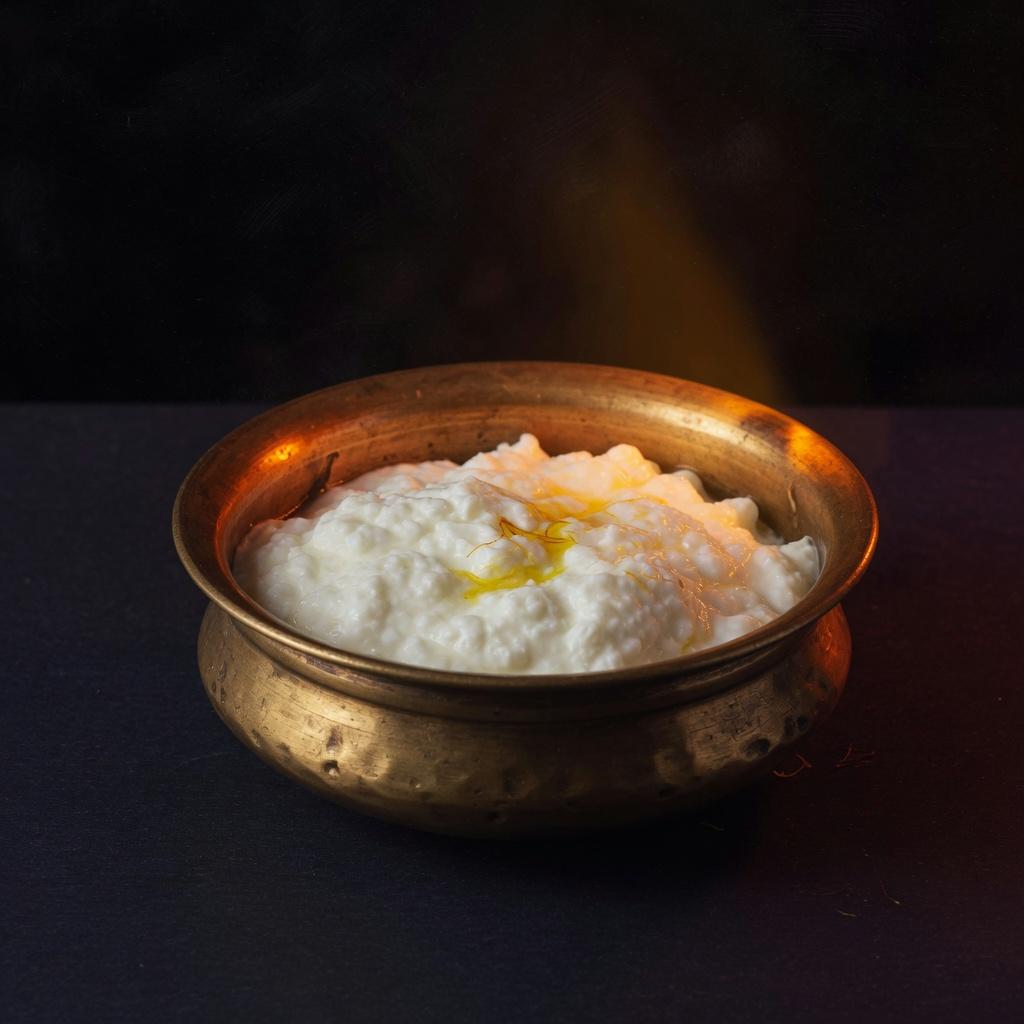 A brass bowl of thick curd in saffron lamp light