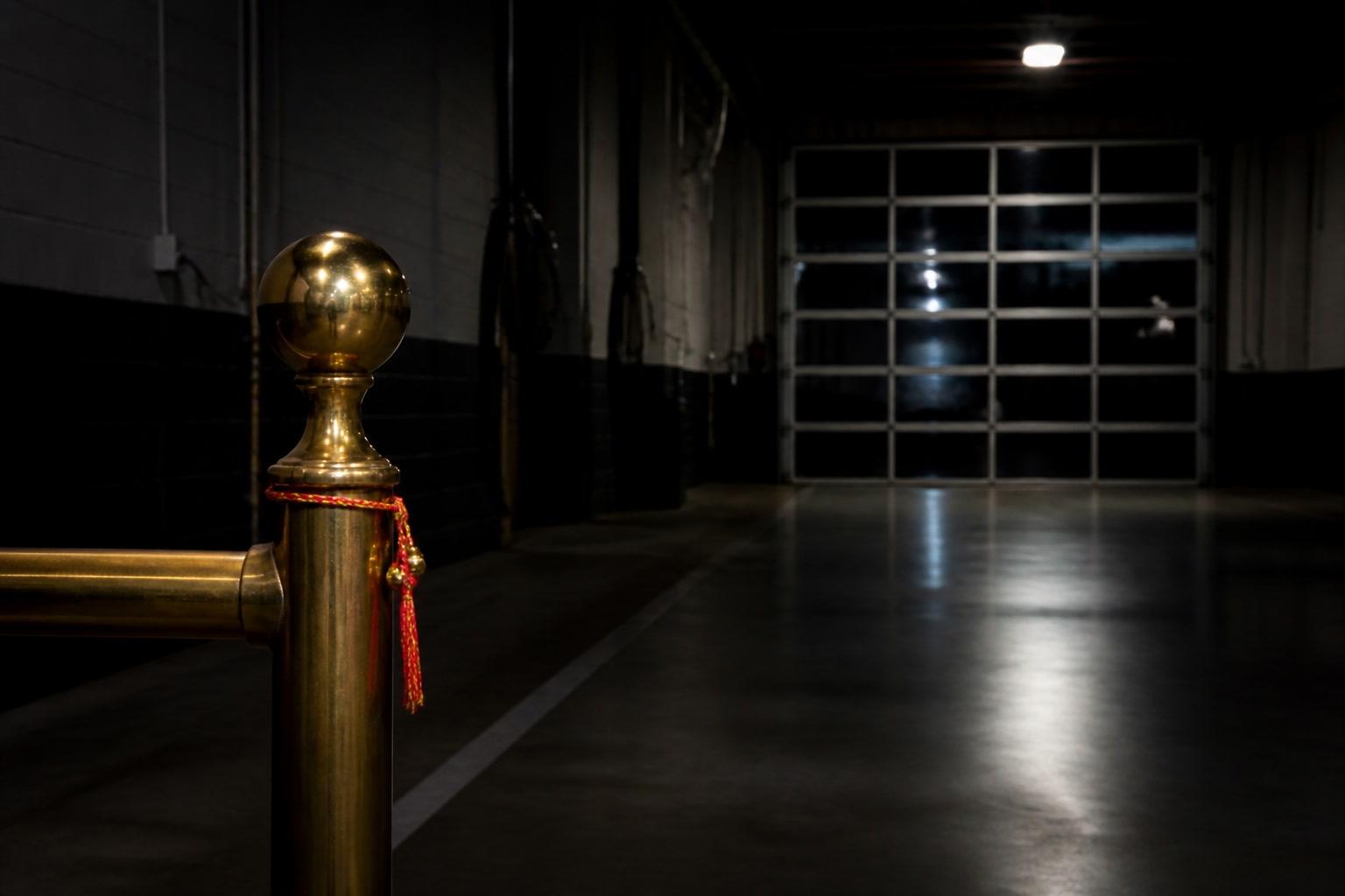 Empty firehouse bay with a red-and-gold thread on a brass railing, holding image for the Naperville rakhi