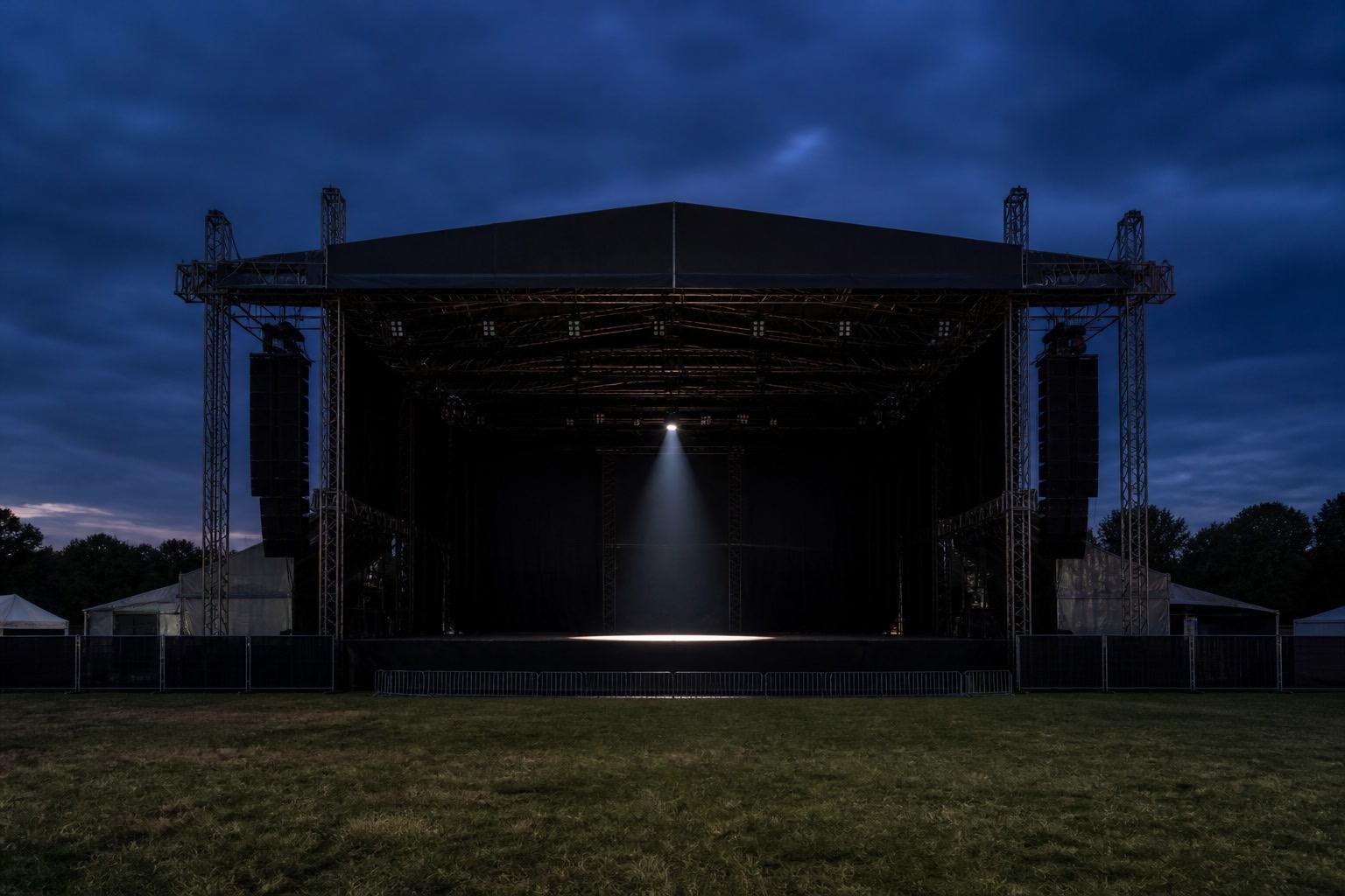 Empty outdoor festival stage under one floodlight, holding image for the UNTOLD main-stage address