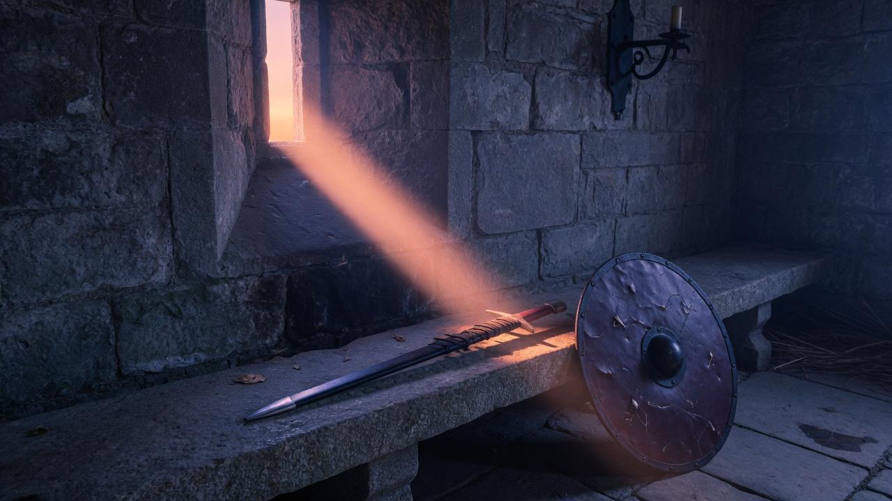 A sheathed sword and shield on a stone bench in an empty guard room