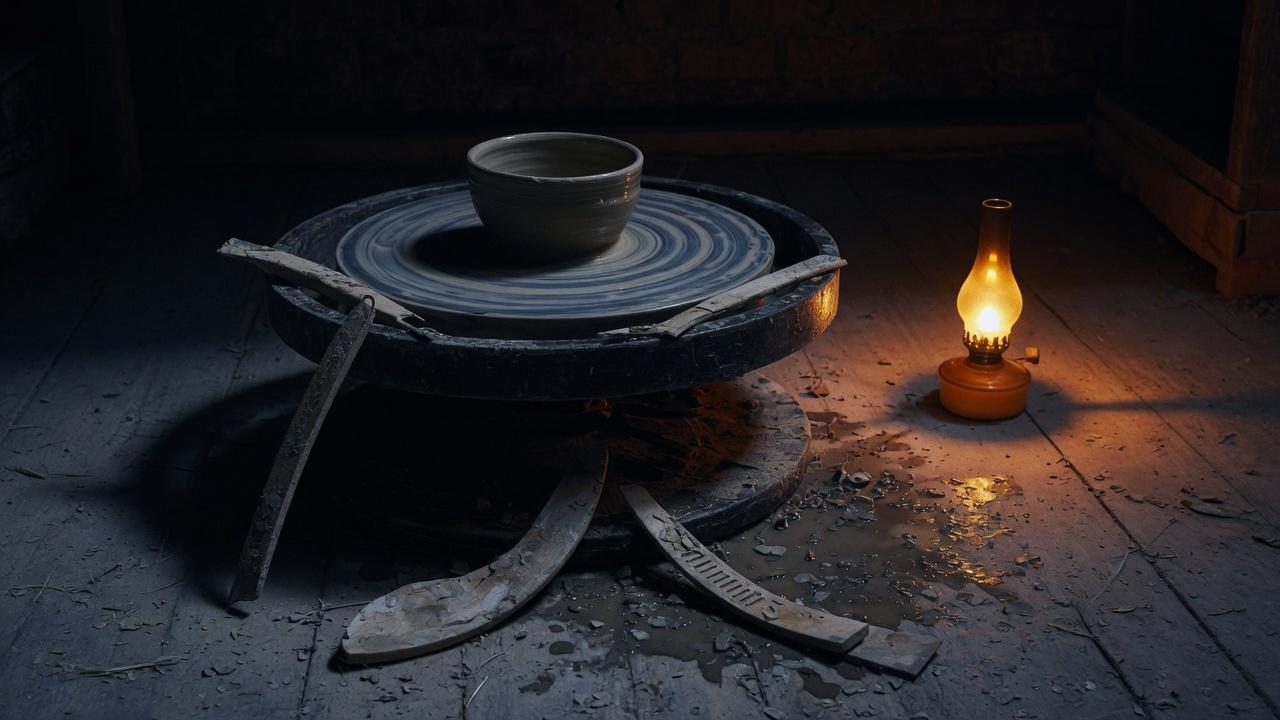A potter's wheel with wet clay in a dark workshop