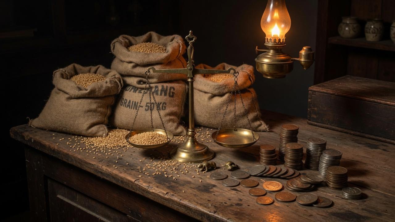 Brass scales, grain sacks, and coins on a merchant counter