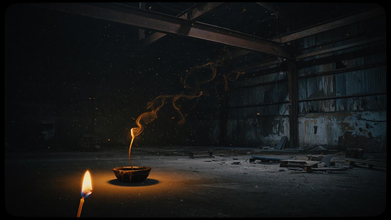 A single thin saffron wick burning in a vast dark warehouse